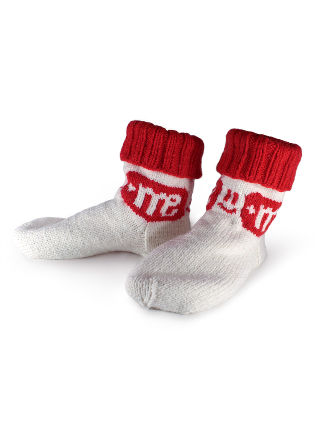 Бело-красные вязаные мужские носки с логотипом компании. Ручная работа. Арт:2855.